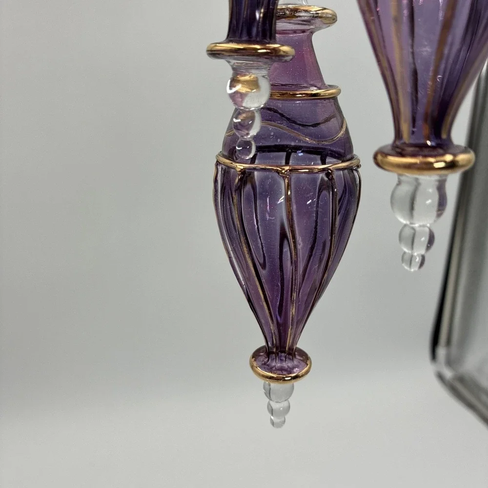 Purple Hand Blown Glass Ornaments Gold Filigree Teardrop Finial Set of 3 6